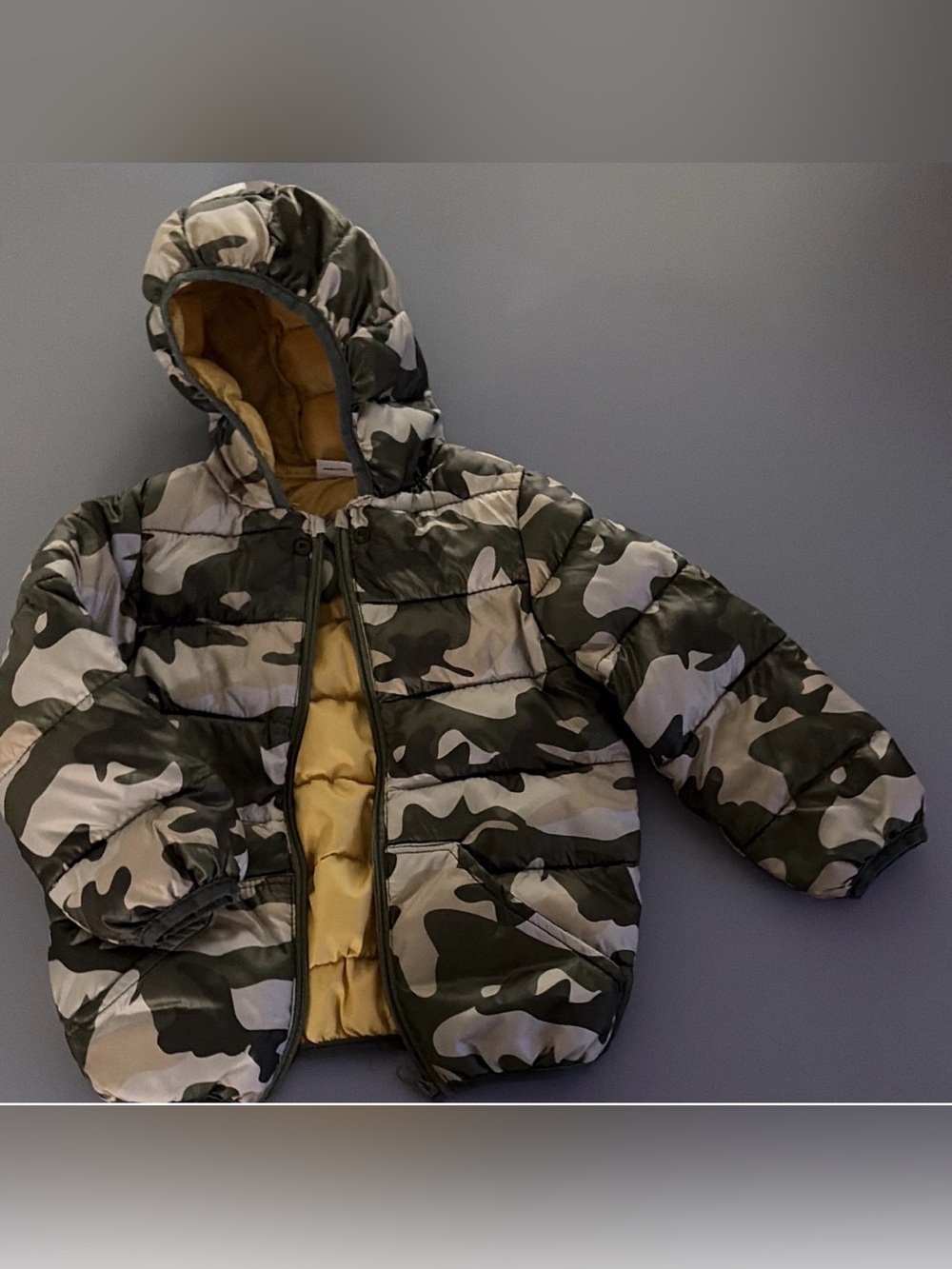 Kids Camouflage Puffer Jacket with Hood - Green/Yellow